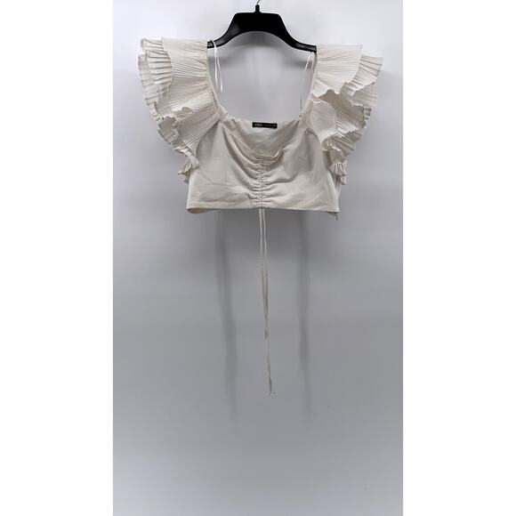 ZARA Women’s White Pleated Ruffle Sleeve Cinched Bust Cropped Top SZ S - Picture 2 of 11